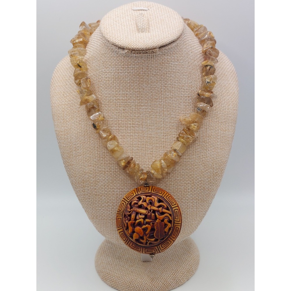 Golden Rutilated Quartz Necklace Sterling Silver Boho Carved Pendant Vintage